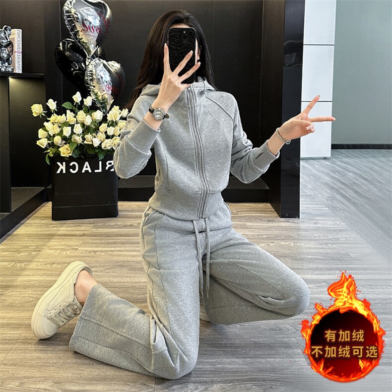 时尚显瘦加绒连帽卫衣阔腿裤两件套女冬季新款休闲套装,女装套装/套裙,江南