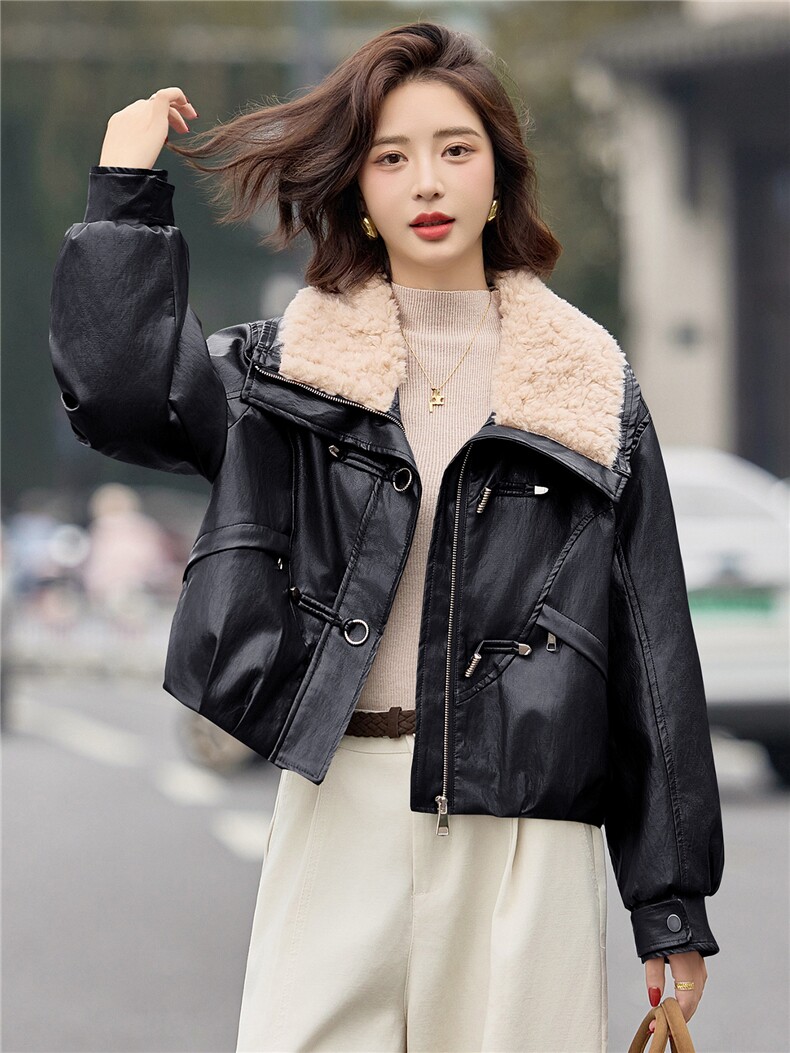 时尚羊羔毛翻领PU皮羽绒服女2025冬季新款加厚保暖白鸭绒皮衣外套,女装短外套,E百度
