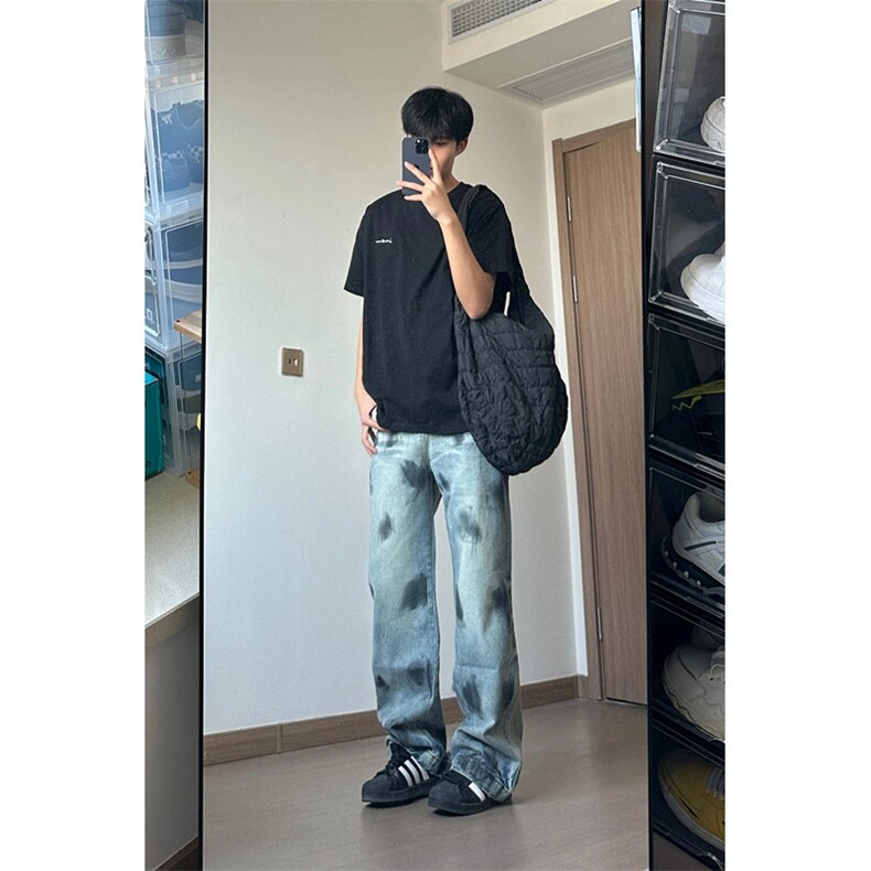 牛仔裤男夏季复古水洗破坏设计感少年宽松直筒裤子 N0051图片