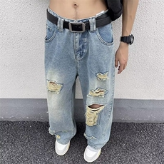 破洞牛仔裤男款夏季薄款阔腿宽松日系直筒裤NK108P43，男装牛仔裤，星座1116-2