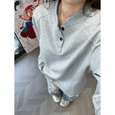 花灰色亨利领长袖t恤男秋季cleanfit正肩polo衫重磅宽松打底卫衣，男装T恤，四季星座505