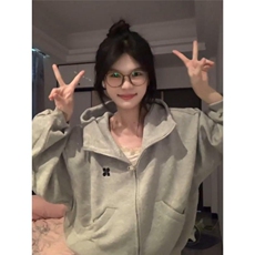 2025新款灰色拉链开衫连帽卫衣女宽松遮屁股春秋薄款上衣外套，女装短外套，星座506A