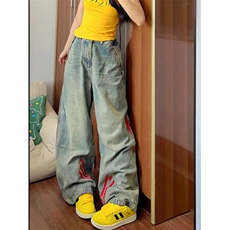 网图复古高街条纹拼接直筒牛仔裤男女设计感宽松做旧工装阔腿裤，男装牛仔裤，星座601-2