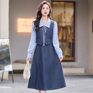 牛仔拼接假两件连衣裙高级感女春季2025新款法式小众气质显瘦长袖图片