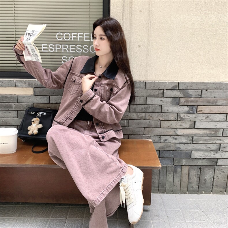 甜酷风撞色牛仔两件套女2025秋季新款洋气炸街美式休闲高腰阔腿裤图片