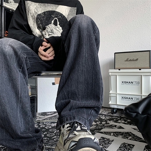 美式高街阔腿拖地裤宽松直筒长裤秋冬潮牌重磅牛仔裤男 K5554-P45图片