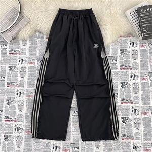 夏季薄款侧边拉链条纹休闲裤潮流新款褶皱设计机能冲锋裤,男装休闲裤,星座410-7