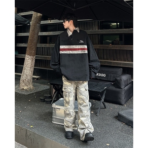 复古拼接撞色条纹polo衫男女潮牌宽松长袖做旧卫衣外套WC222-p60图片