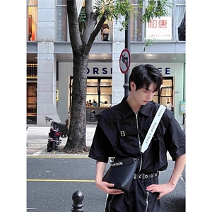 夏季假两件短袖衬衫男潮牌美式高级感韩系小众拉链五分袖衬衣外套图片