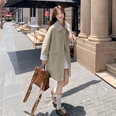 卡其色英伦学院风复古风衣女2025秋韩系设计感中长款镂空翻领大衣，女装风衣，2C159