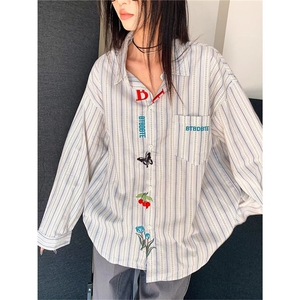 味复古高街刺绣条纹衬衫女2025春季新款设计感别致长袖上衣外套图片