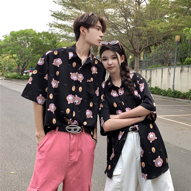 EQ409可爱卡通小熊夏季沙滩旅游情侣装夏季衬衫男女慵懒风短袖,男装衬衫,电商C306-1