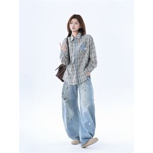 A6760-P46 2025秋季新款复古老钱风格子拼接长袖衬衫男女宽松衫衣图片