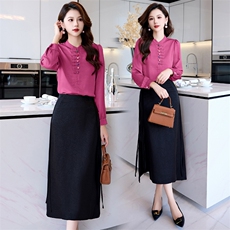 连衣裙包臀裙复古闺舍衬衫女宽松显瘦拼接长袖上衣小个子两件套，女装套装/套裙，时尚俏佳人