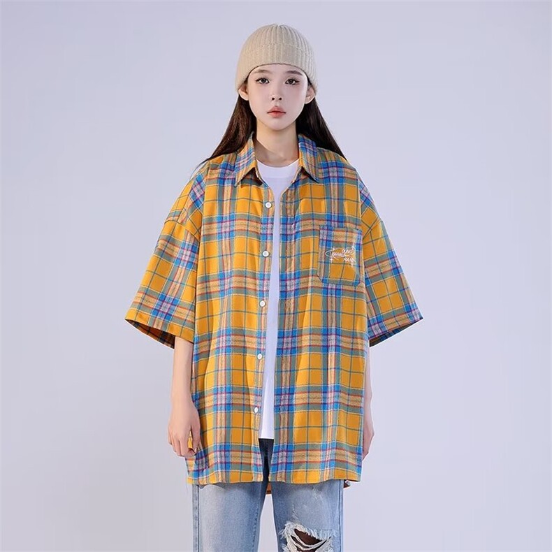 文艺潮流百搭简约衬衫新款时尚方领单排多扣流行宽松型女短袖慵懒图片