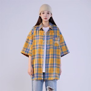 文艺潮流百搭简约衬衫新款时尚方领单排多扣流行宽松型女短袖慵懒图片