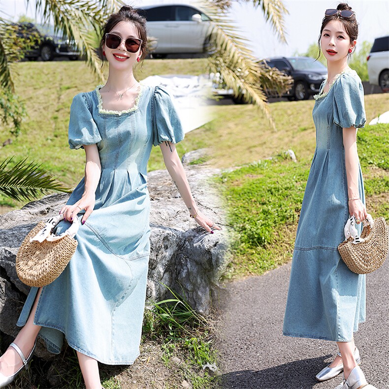 牛仔连衣裙女夏季新款韩系过膝长裙收腰显瘦开叉设计感泡泡袖裙子,女装连衣裙,韩蜜菓
