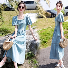 牛仔连衣裙女夏季新款韩系过膝长裙收腰显瘦开叉设计感泡泡袖裙子，女装连衣裙，韩蜜菓