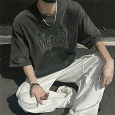 2025夏季新款创意字母印花扎染工艺男港风短袖T恤T1062/P45控58，男装T恤，电商A148