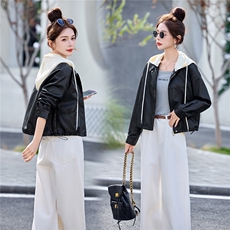 短外套女2026春秋新款时尚洋气减龄妈妈高级感连帽可脱卸夹克上衣，女装皮衣，江南女神