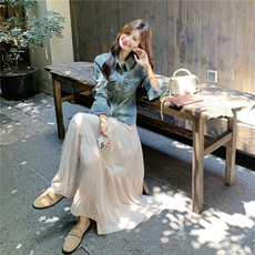 港风复古牛仔外套套装女2025秋季新款小众设计感高腰半身裙两件套，女装套装/套裙，2C168