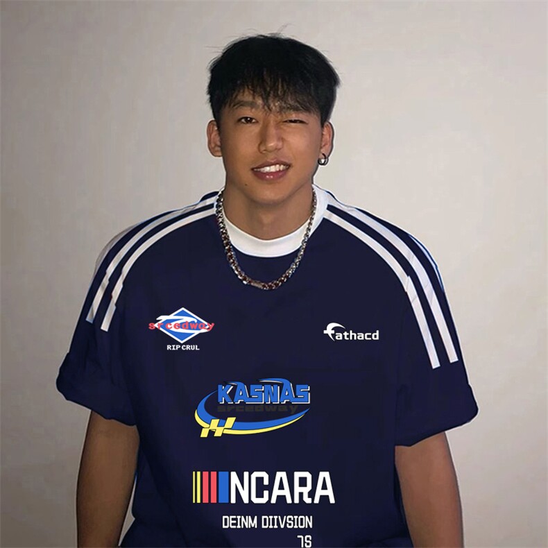 夏季美式高街重磅纯棉三条杠织带撞色男女短袖T恤ZD353-特P30图片