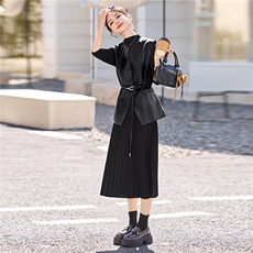 韩系气质百褶裙套装女2025年春秋新款优雅大气连衣裙裙二件套百搭，女装套装/套裙，意芙