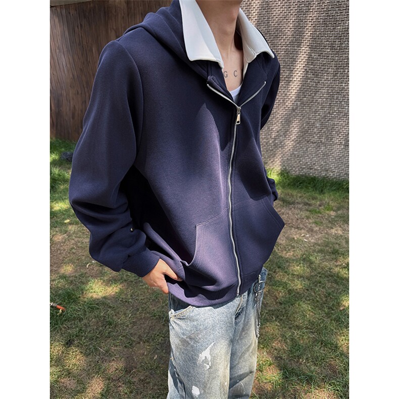 街头潮流复古撞色开衫连帽卫衣男秋季潮牌高级感宽松休闲上衣外套图片