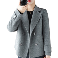时尚百搭灰色羊毛呢子大衣女外套秋季新款显瘦双排扣短款上衣，女装毛呢外套，豪顺羊绒