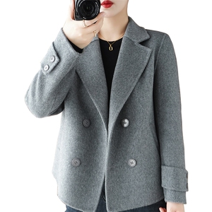 时尚百搭灰色羊毛呢子大衣女外套 秋季新款显瘦双排扣短款上衣，女装毛呢外套，豪顺羊绒