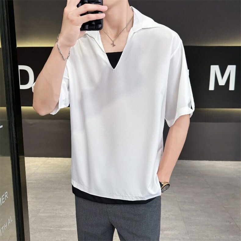 高级感V领纯色衫男夏季潮牌痞帅短袖男士休闲上衣A641/P32,男装衬衫,星座506