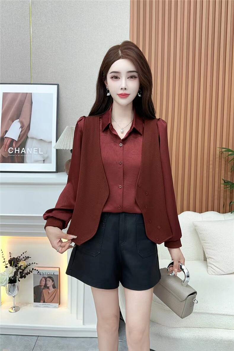时尚假两件衬衣秋季新款大码女上衣洋气拼接减龄打底衬衣潮,女装衬衫,思沃羊绒
