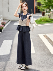 夏季薄款短袖牛仔套装女2025新款设计感蕾丝钩花吊带阔腿裤三件套，女装套装/套裙，韩宇舍