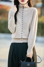 半高领100%纯羊毛开衫女春秋排扣长袖针织毛衣宽松羊绒衫外套上衣，女装羊毛衫，蒙特羊绒