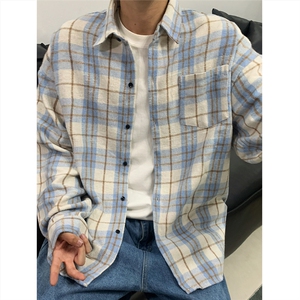 现货~磨毛加厚格子大码长袖衬衫 C5895/特P25 浅蓝色2图片