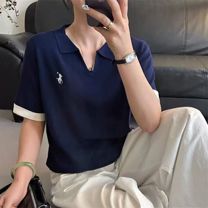 夏季新款女士简约时尚舒适两色翻领短袖图片