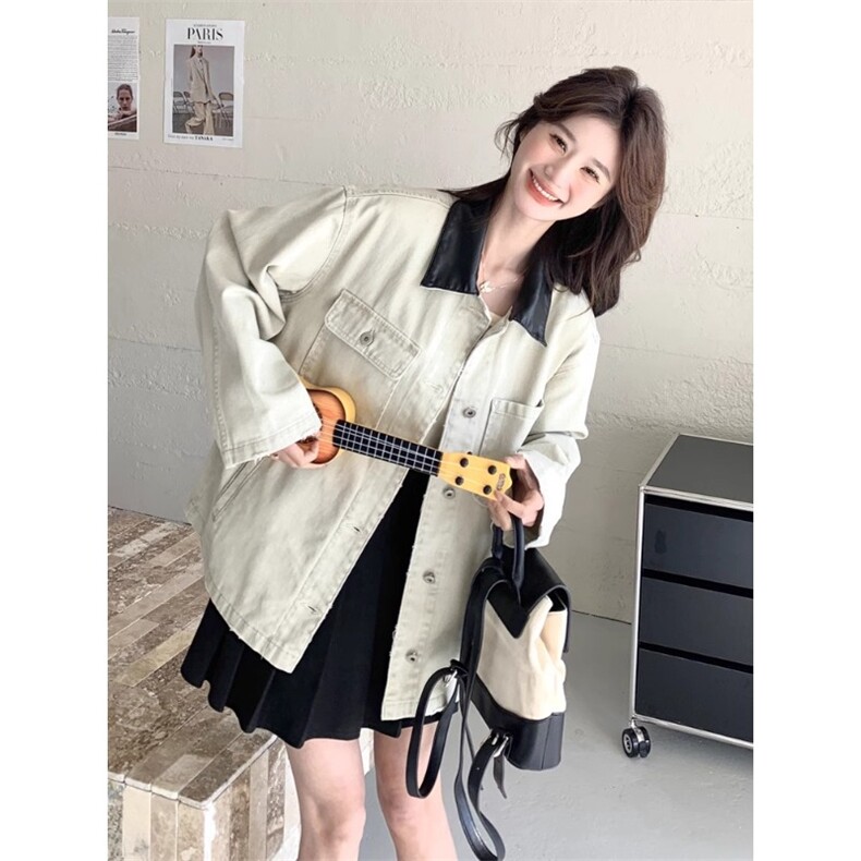 JK8967-P65灰色拼接pu皮领牛仔外套男女秋冬款中性工装褂子,男装工装外套,电商B323A