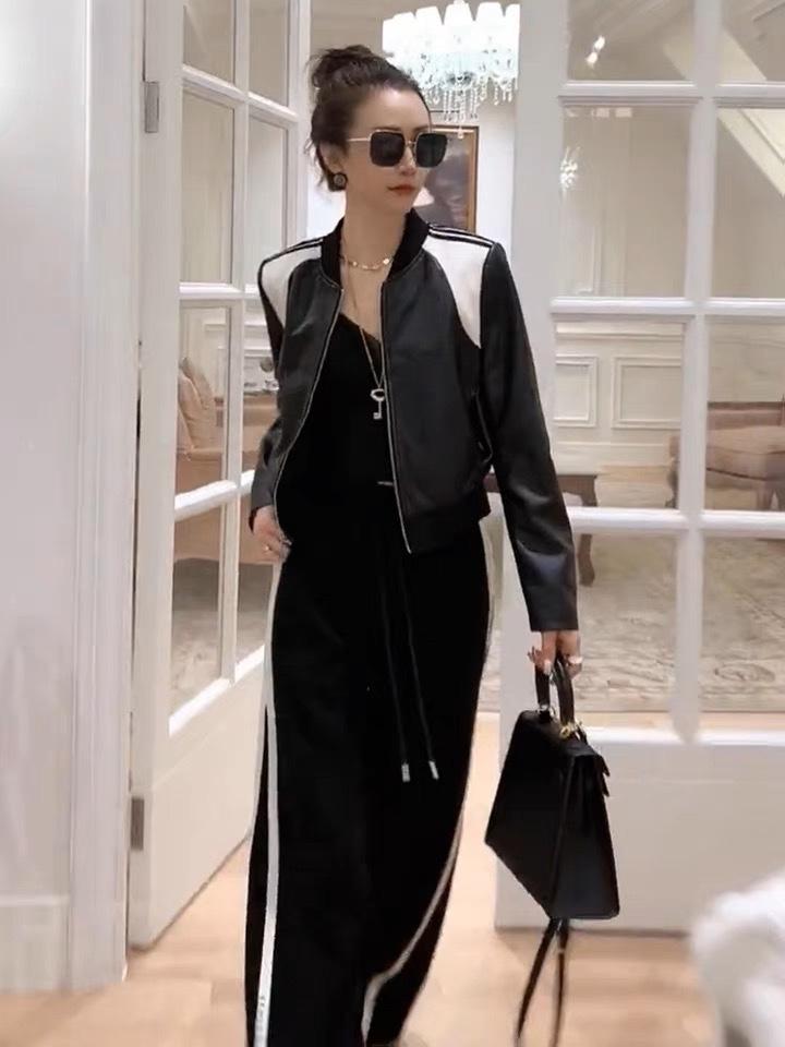 2023新款欧洲站洋气拼接布皮衣外套,女装皮衣,L·H·X