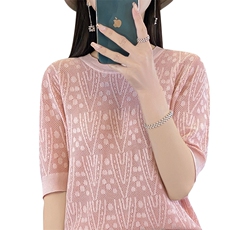 夏季新款冰丝针织短袖女圆领镂空提花半袖上衣宽松T恤短款打底衫，女装T恤，秋虹羊绒