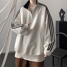秋季380克全棉宽松条纹拉链套头卫衣立领POLO衫外套AH914-P42，男装Polo衫，四季星座610B