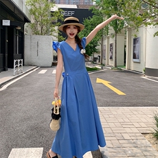 氛围感超仙法式蓝色连衣裙女夏季2025新款飞飞袖气质高端减龄长裙，女装连衣裙，浙宝276（原081）