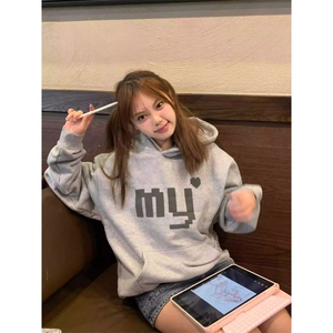 C0216-P55 灰色高级感印花连帽卫衣 男女款情侣宽松休闲上衣图片