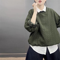 2025舒适百搭简约圆领波点提花棉纱小衫，女装衬衫，湘姗