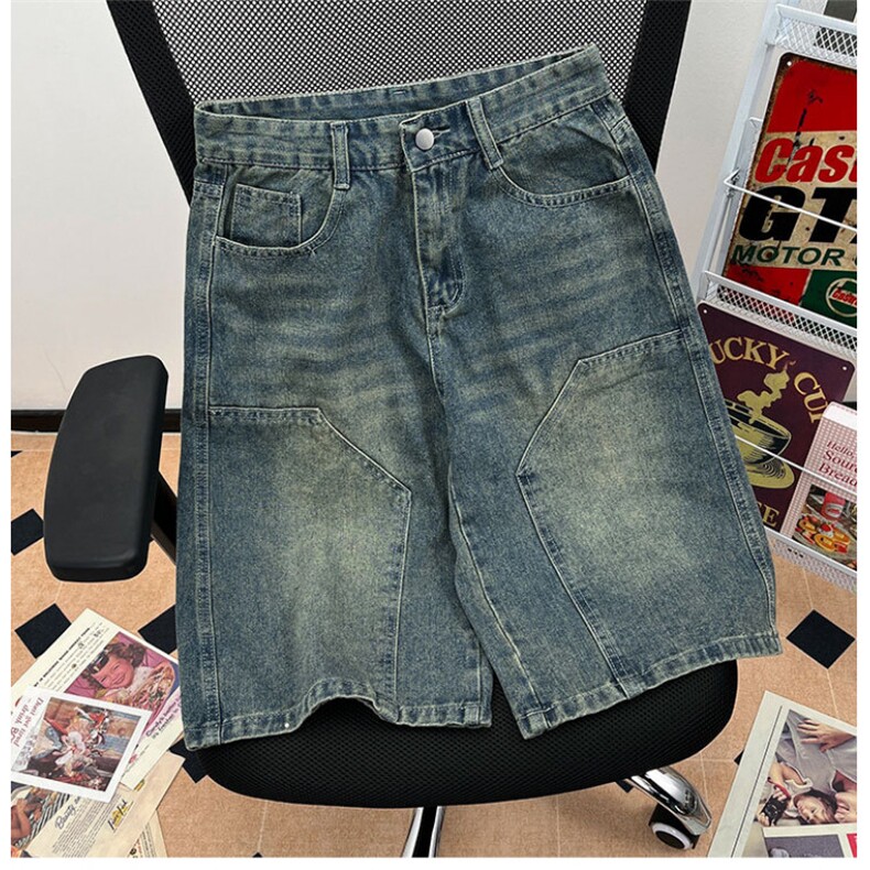 复古水洗做旧拼接牛仔短裤男女款夏季2026新款宽松百搭阔腿七分裤,男装牛仔裤,星座601-2