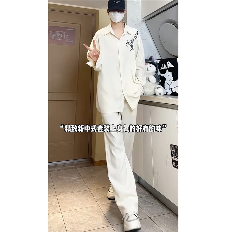 新中式风翻领长袖衬衫秋装复古竹子绣花长裤套装TZ909-特P70,男装衬衫,电商A006