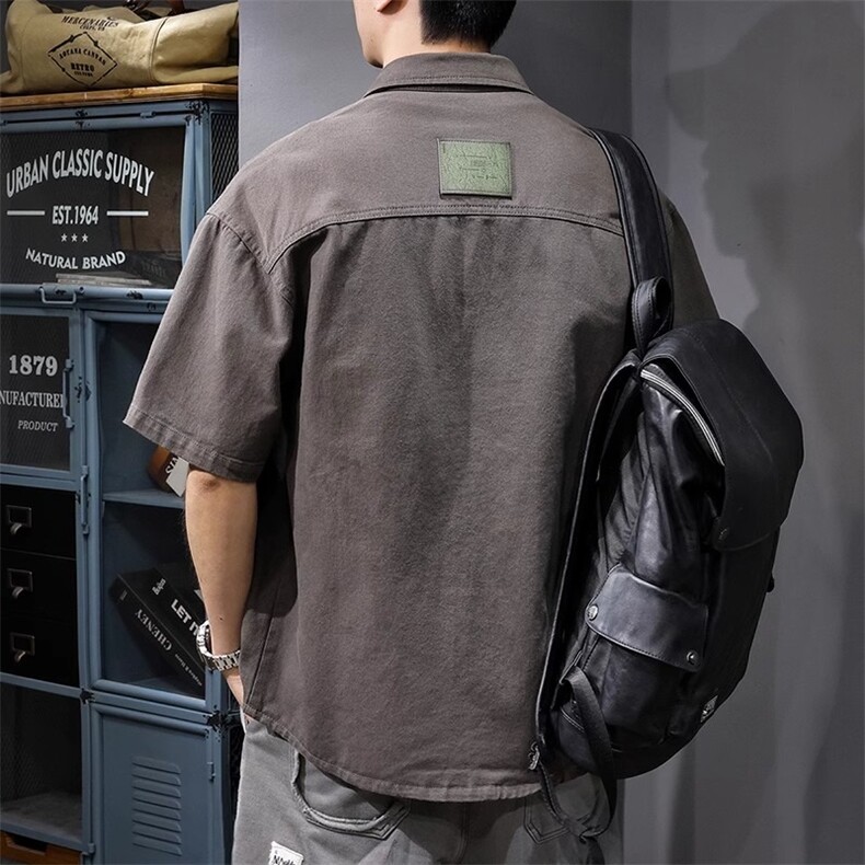 大码工装男士重磅日系水洗复古衬衣上衣美式短袖衬衫宽松2025夏季，男装T恤，星座506A