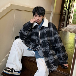 毛呢羊羔绒外套秋冬格子加绒加厚棉服美式高街外套A170-M809-P128图片