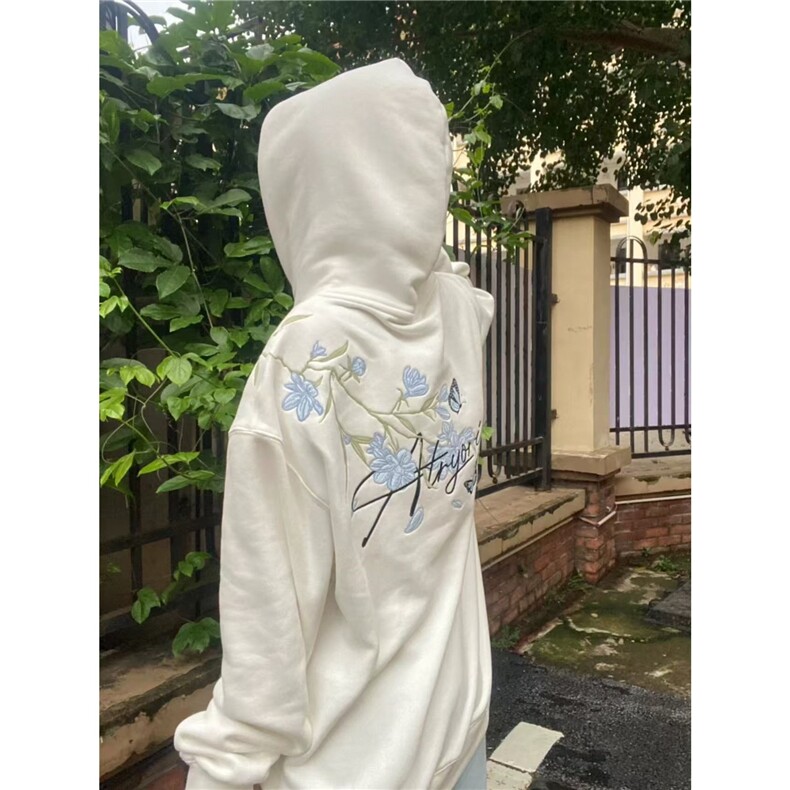美式高街蓝花卉字母连帽卫衣男女秋季设计感宽松小众帽衫上衣潮,男装卫衣,星座601-1