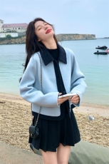 韩版拼色翻领短外套女2025秋冬季新款时尚宽松显瘦小个子双面羊毛，女装毛呢外套，1C150