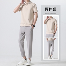 冰丝套装夏季九分休闲西裤男长裤修身韩版短袖POLO衫两件套潮，男装衬衫，星座505-2（原电商A260-1)
